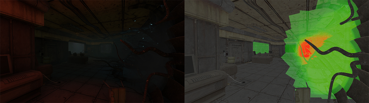 On the left you can see the scene rendered normally. The fog particles are barely visible here. On the right the pixel overdraw is rendered. The red areas show that more than 32 translucent planes are rendered, which is not good.